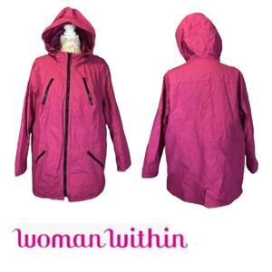 Woman within hooded pink trench rain coat size 18-20